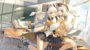 Anime Anime Girls Classroom Schoolgirl School Uniform Windy 4000x2250 Wallpaper