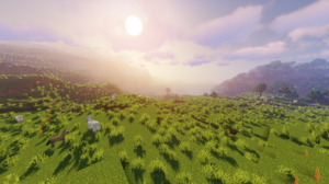 Minecraft Video Games Morning Mountain Top Grass Sunlight Sun Sky Clouds Cube Shaders 1920x1080 wallpaper