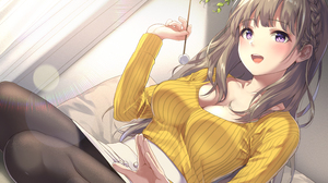 Anime Anime Girls Sweater Brunette Purple Eyes Artwork Unasaka 4500x3182 Wallpaper