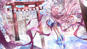 Anime Girls Long Hair Twintails Pink Hair Blue Eyes Flowers Trees Cherry Blossom Torii Japanese Lant 5330x3272 Wallpaper