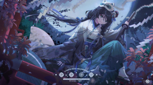 looking at viewer, long hair, blue hair, The Eminence in Shadow, Shadow  Garden, anime, Moon, Silon (Epsilon), scythe, anime girls, moonlight, city  lights, cityscape, twintails, pointy ears, night, sky, purple eyes, clouds