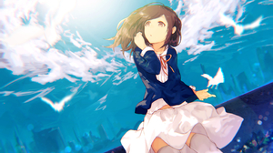 Anime Anime Girls Clouds Sky Brunette Long Hair Birds City Brown Eyes Skirt Wind Looking Away 2909x1778 Wallpaper