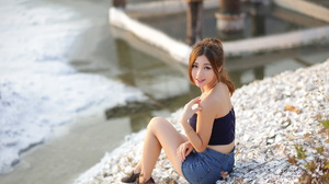 Asian Model Women Long Hair Dark Hair Shore Pebbles Jeans Skirt Black Top Bare Shoulders Ponytail Lo 1920x1192 Wallpaper