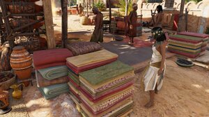 Egypt Video Game Art Assassins Creed Desert Wide Image Video Games CGi Vases Towel Sunlight Shade 3840x1200 Wallpaper