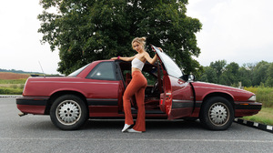 Blonde Women Model Crop Top Looking At Viewer Standing Women Outdoors Women With Cars Car 1920x1280 Wallpaper