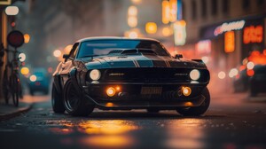 Ai Art Muscle Cars Street City Bokeh Headlights Car Front Angle View 4579x2616 Wallpaper