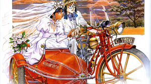 Vintage Couple Tanned Motorcycle Fushigi No Umi No Nadia White Clothing Goggles White Dress Wedding  1600x1200 Wallpaper