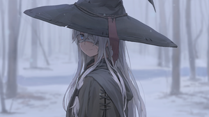 Witch Hat Gray Hair Blue Eyes Witch Hat Silver Hair Long Hair Anime Anime Girls Smiling Winter Depth 5784x3254 Wallpaper