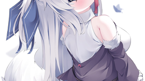 Anime Anime Girls Blue Eyes Red Ribbon Gray Hair Portrait Display Fox Girl Fox Ears Looking Back Blu 1451x2048 Wallpaper