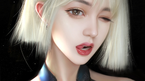 Women Artwork Lips Wink White Hair Short Hair Asian 2480x3508 Wallpaper