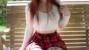 Redhead Model Women Smiling Looking At Viewer Choker White Tops Plaid Skirt Sitting Outdoors Women O 1641x2160 Wallpaper