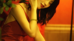 Women Asian Chinese Model Dark Hair Red Dress Women Indoors Flowers Rose Smiling 1800x2700 Wallpaper