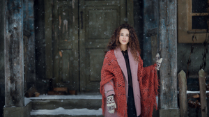 Anna Melnikova Women Brunette Curly Hair Snow Winter Cold Gloves Wooden Surface 3374x2250 Wallpaper