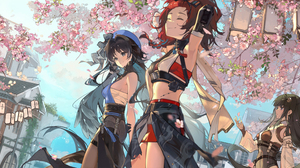 Anime Anime Girls Cherry Blossom Flowers Petals Closed Eyes Smiling Armpits Long Hair Hat Branch Loo 5000x2143 Wallpaper