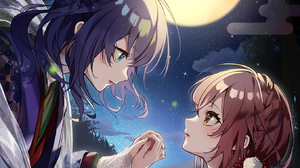 Anime Anime Girls Portrait Display Night Moon Moonlight Watermarked Kimono Holding Hands Sky Stars C 1357x1920 Wallpaper