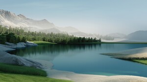 Windows 11 Digital Art Landscape Water Reflection Nature Trees Mountains 3840x2160 Wallpaper