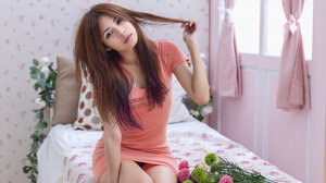 Asian Women Bed Flowers Bedroom Hands In Hair 6144x4096 Wallpaper