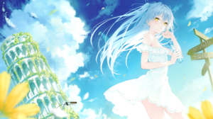 Anime Rurudo Anime Girls Clouds Long Hair Blue Hair Yellow Eyes Drink Flowers Petals Sky Looking At  4753x3145 Wallpaper
