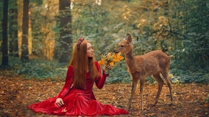 Women Model Redhead Profile Forest Dress Red Dress Depth Of Field Deer Outdoors Women Outdoors Anast 2560x1709 Wallpaper