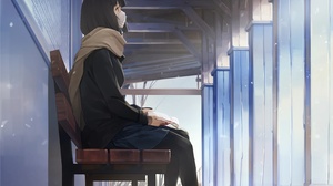 Anime Anime Girls Schoolgirl School Uniform Sitting Sunlight Scarf Portrait Display Mask Looking Awa 4292x5840 Wallpaper