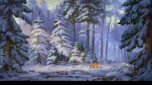 Fox Cartoon Winter ArtStation Forest Fir Snow Trees Nature Animals 1920x1081 Wallpaper