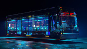 Maks Trofimov Cyberpunk Neon ArtStation Buses Artwork Digital Art Road Asphalt Seat Vehicle Lights 3840x1620 Wallpaper