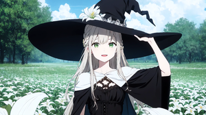 Anime Anime Girls Witch Hat Clouds Flowers Field Trees Smiling Blonde Green Eyes Standing Looking At 2662x3660 wallpaper