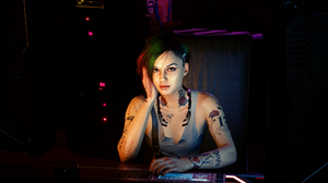 Judy Alvarez Cyberpunk 2077 Video Games Looking At Viewer Hand Gesture Hand On Head Desk Tattoo Gree 3934x2213 Wallpaper