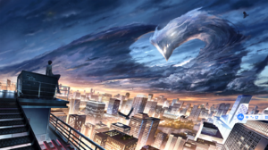 Dragon Raja Ricardo M Lu Anime Boys Clouds Creature City City Lights Cityscape Birds Stairs 1424x800 Wallpaper