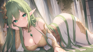 Ai Art Green Hair Green Eyes Elf Princess Anime Girls Pointy Ears Long Hair 1600x900 Wallpaper