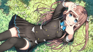 Anime Anime Girls School Uniform Grass Lying On Back Blue Eyes 1900x950 Wallpaper