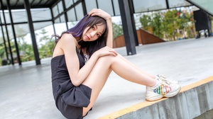 Asian Women Model Dark Hair Black Background Looking At Viewer Sneakers 3840x2160 Wallpaper