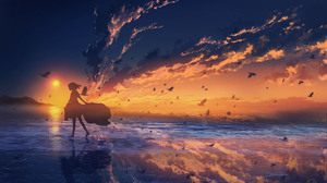 Anime Girls Artwork Anime Sky Sky Sunset Sea Reflection Sea Gulls Anime Sunset Glow Horizon Digital  4096x2541 Wallpaper