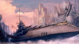 City Steampunk Warship 5000x2426 Wallpaper