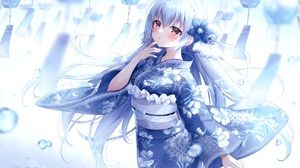 Anime Anime Girls Blue Hair Red Eyes Blushing Kimono Water Drops Japanese Flower In Hair Standing Wa 3500x2474 Wallpaper