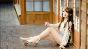 Asian Model Women Long Hair Dark Hair Sitting Sandals Leaning Blouse Jean Shorts Depth Of Field Wood 3280x2187 Wallpaper