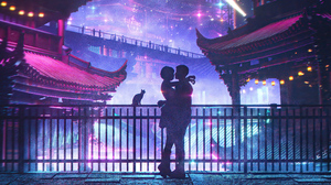 Love China Cat And Girl Night Nightscape Purple Purple Background House Hugging Digital Art Neon 3840x2160 Wallpaper