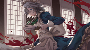 Anime Girls Touhou Knife Pocketwatches Izayoi Sakuya Looking At Viewer Long Hair Maid Maid Outfit Br 1350x804 Wallpaper