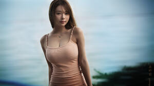 Yuan Yelang Women Asian Brunette Long Hair Looking At Viewer Pink Clothing Necklace Blue Model Women 2048x1366 Wallpaper