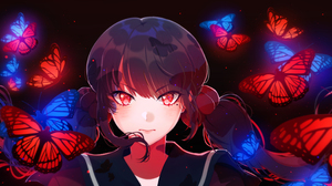 Anime Anime Girls Butterflies Red Eyes Long Hair Brunette Sailor Uniform Looking At Viewer Dark Back 2511x1300 Wallpaper