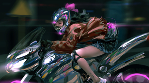 WLOP Digital Art Artwork Illustration Women Motorcycle Motorbike Helmet Skirt Long Hair Dark Hair Lo 4031x2137 wallpaper
