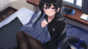 Anime Anime Girls Kurousagi Yuu Artwork Long Hair Black Hair Purple Eyes Smiling In Bed 3200x2400 Wallpaper