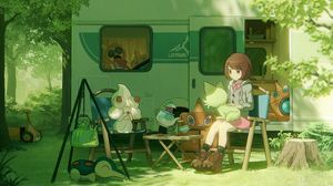 Anime Anime Girls Artwork Sitting Car Dress Nature Pokemon Sunlight Smiling Brunette Short Hair Brow 2560x1440 Wallpaper