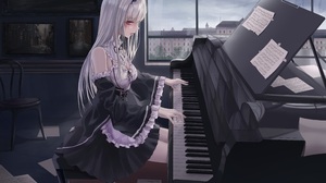 Anime Anime Girls Piano Maid Outfit Silver Hair Red Eyes 3508x2480 Wallpaper