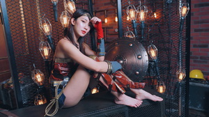 Asian Model Women Long Hair Dark Hair Sitting Barefoot Headband Lamp Cosplay Fence Wonder Woman 1920x1280 Wallpaper