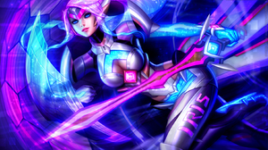 Michelle Hoefener Drawing Women Pink Hair Ponytail Blue Eyes Armor Shield Weapon Sword Pink Blue Glo 1630x1048 Wallpaper