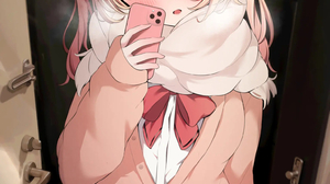 Women Vertical Anime Girls Phone Scarf Blushing Blonde Red Eyes Schoolgirl School Uniform Bow Tie 1536x2156 Wallpaper