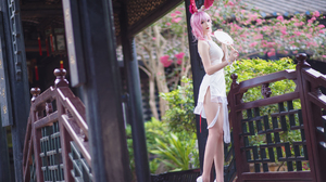 Cosplay Asian Stilettoes White High Heels Pink Hair Heels Women Chinese Dress Looking At Viewer Fans 3300x2203 Wallpaper
