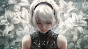 Nier 2B Nier Automata Nixeu White Hair Flowers Closed Eyes Video Game Characters 1400x844 wallpaper