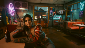 Cyberpunk 2077 Colorful Women Video Games Bar CGi Window Looking At Viewer Neon Chai Sitting Video G 1920x1080 Wallpaper